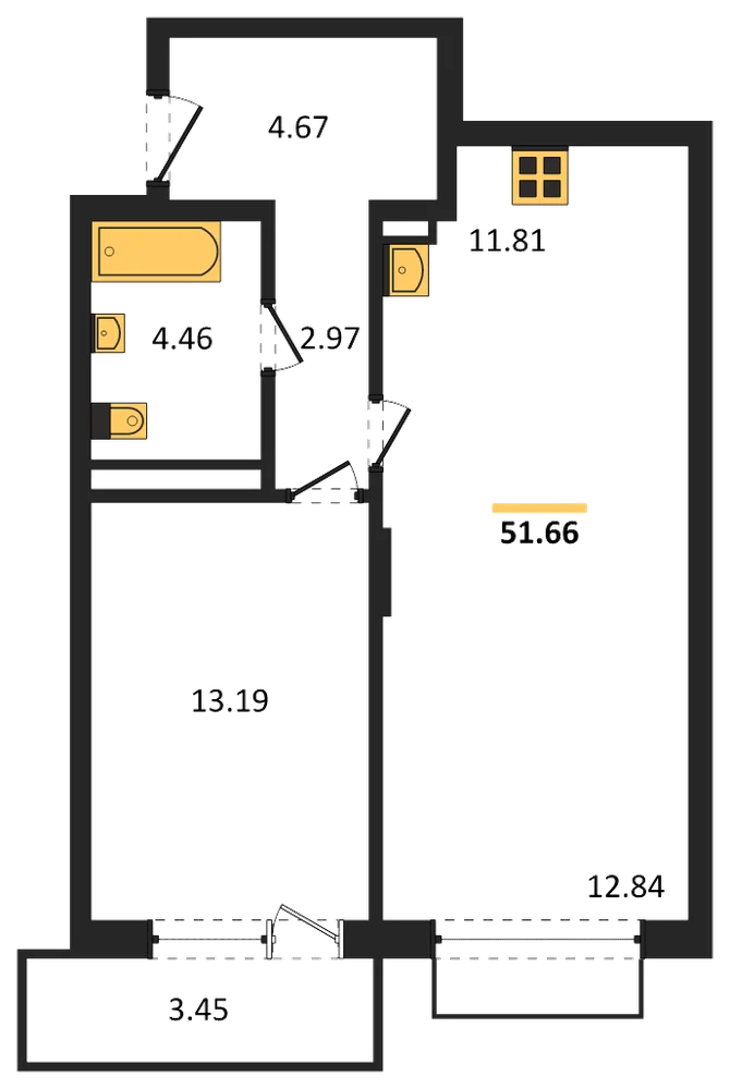 Планировка: 1-комн., 51,7 м²