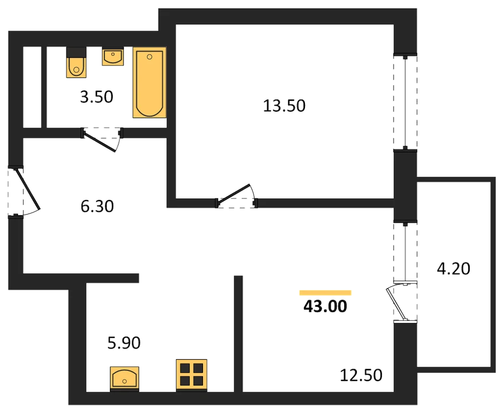 Планировка: 1-комн., 43 м²