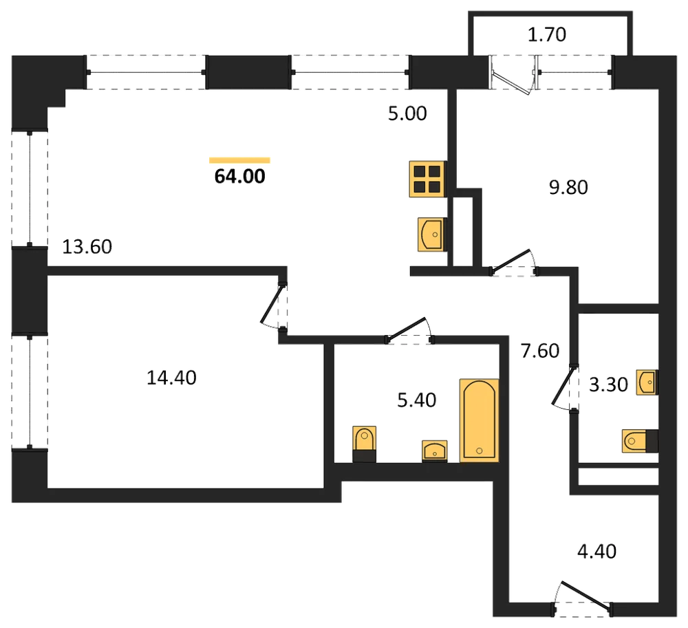 Планировка: 3-комн., 64 м²