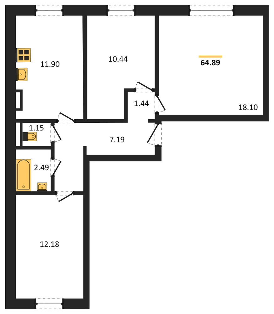 Планировка: 3-комн., 64,9 м²