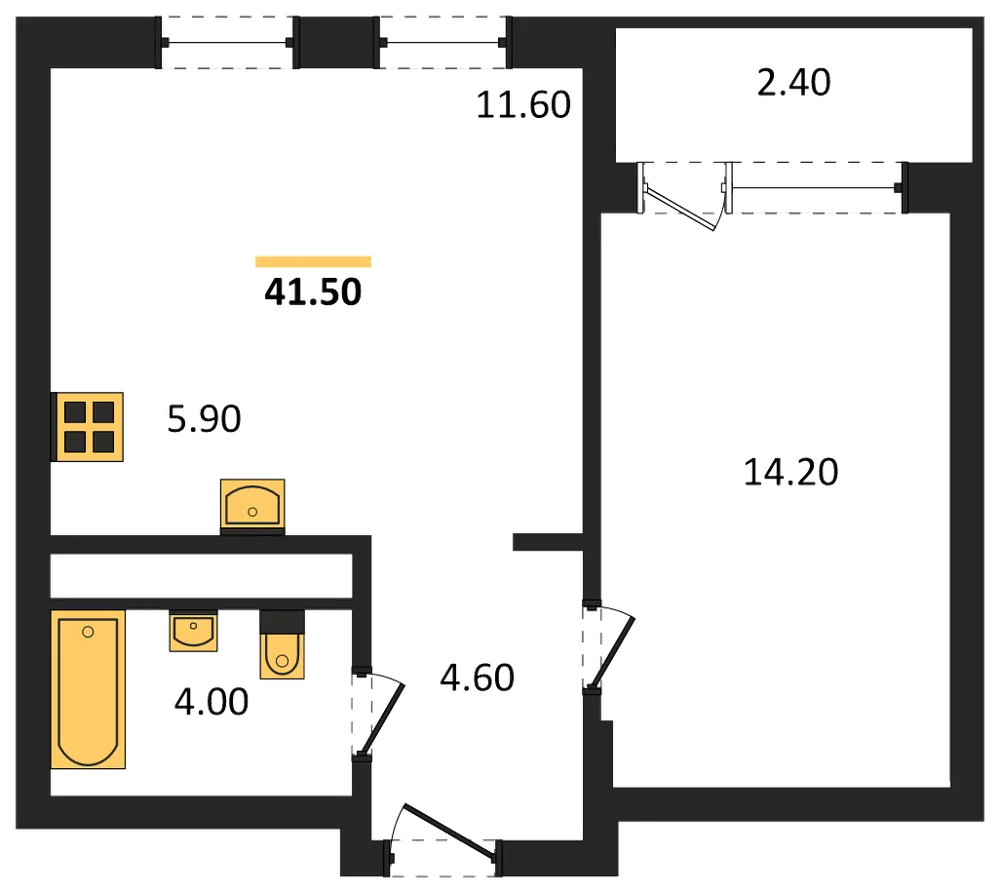 Планировка: 1-комн., 41,5 м²