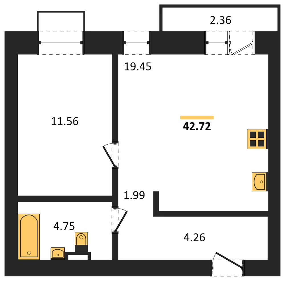 Планировка: 1-комн., 42,7 м²