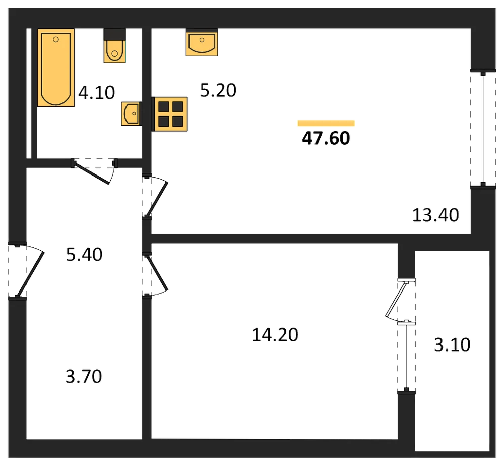 Планировка: 1-комн., 47,6 м²