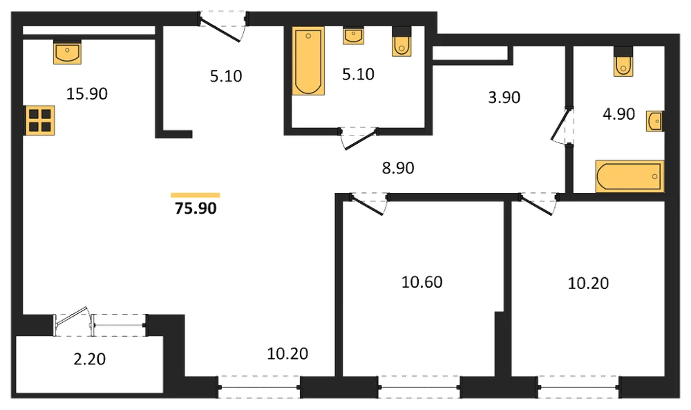 Планировка: 3-комн., 75,9 м²