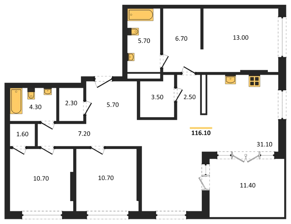 Планировка: 3-комн., 116,1 м²