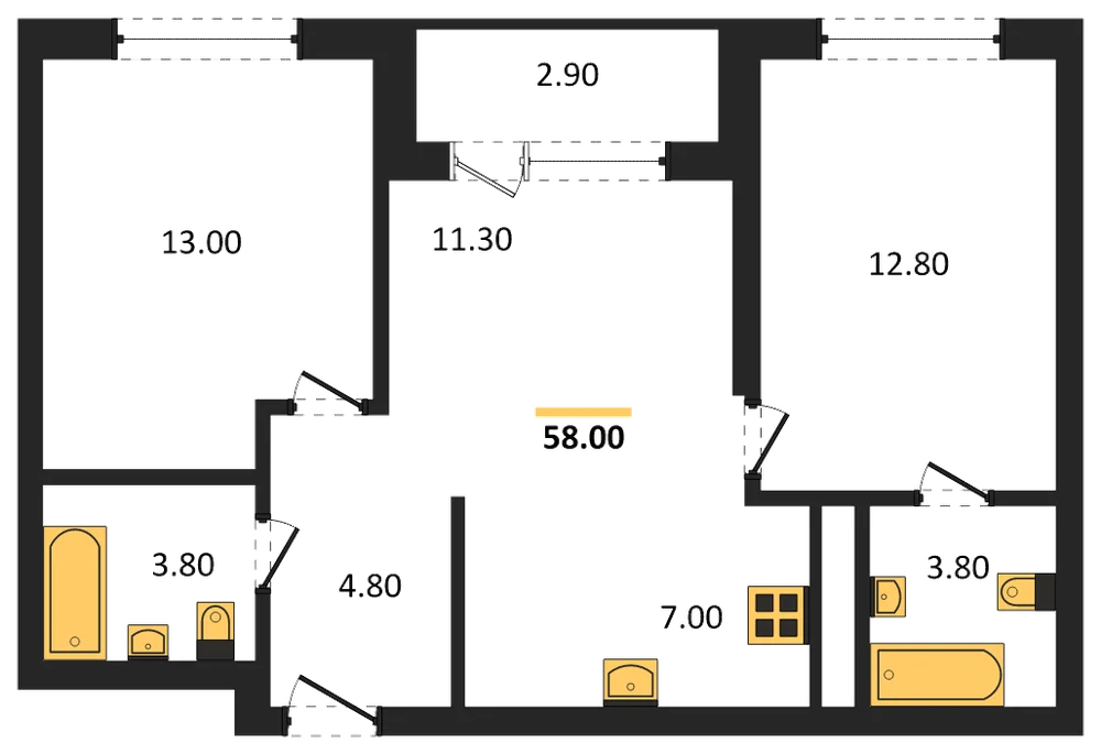 Планировка: 2-комн., 58 м²
