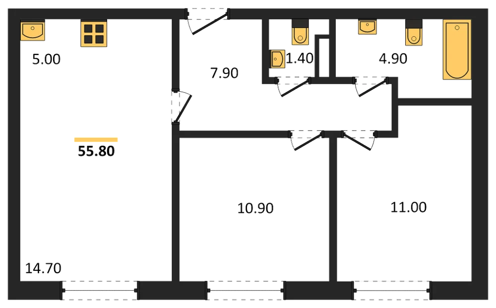 Планировка: 2-комн., 55,8 м²