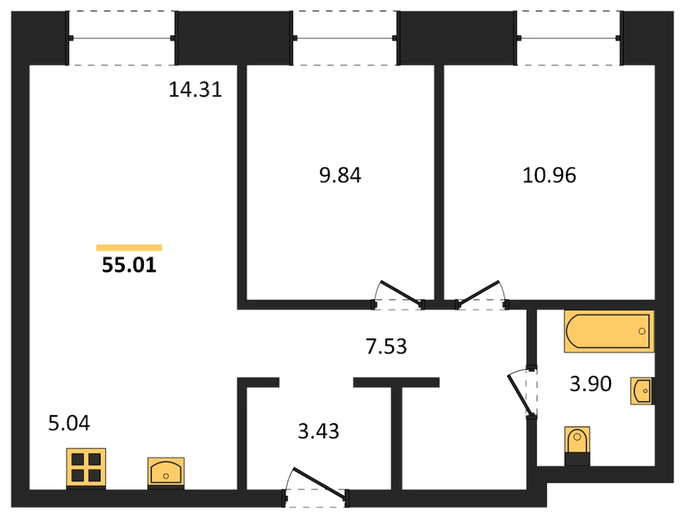 Планировка: 3-комн., 55 м²