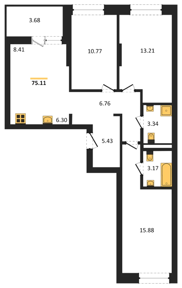 Планировка: 3-комн., 75,1 м²