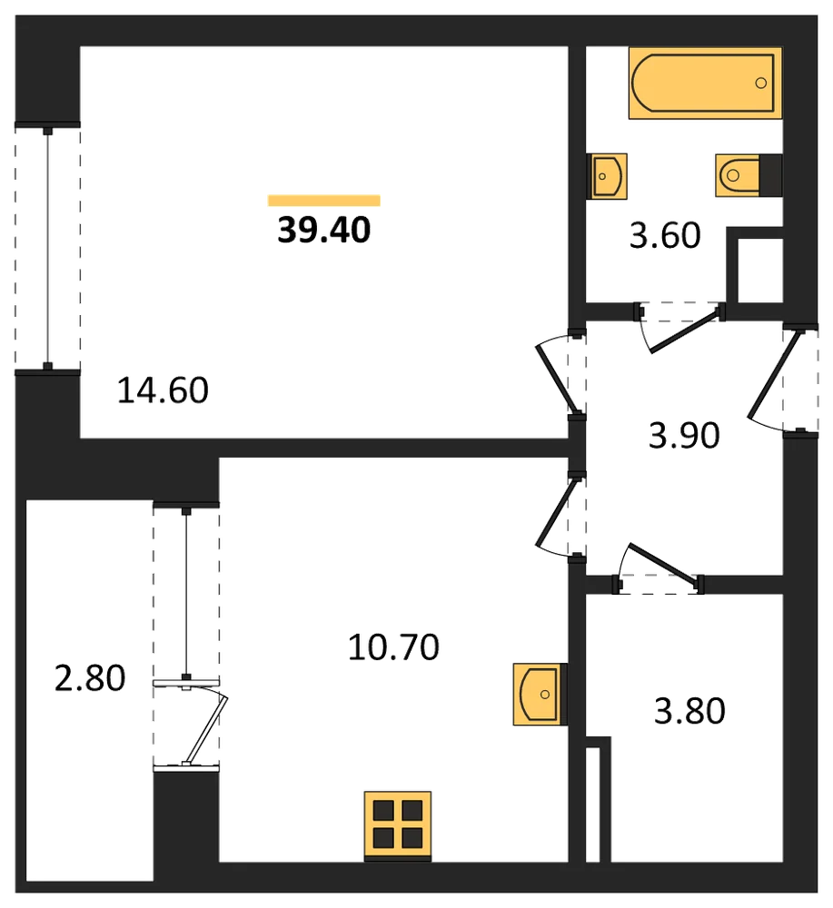 Планировка: 1-комн., 39,4 м²