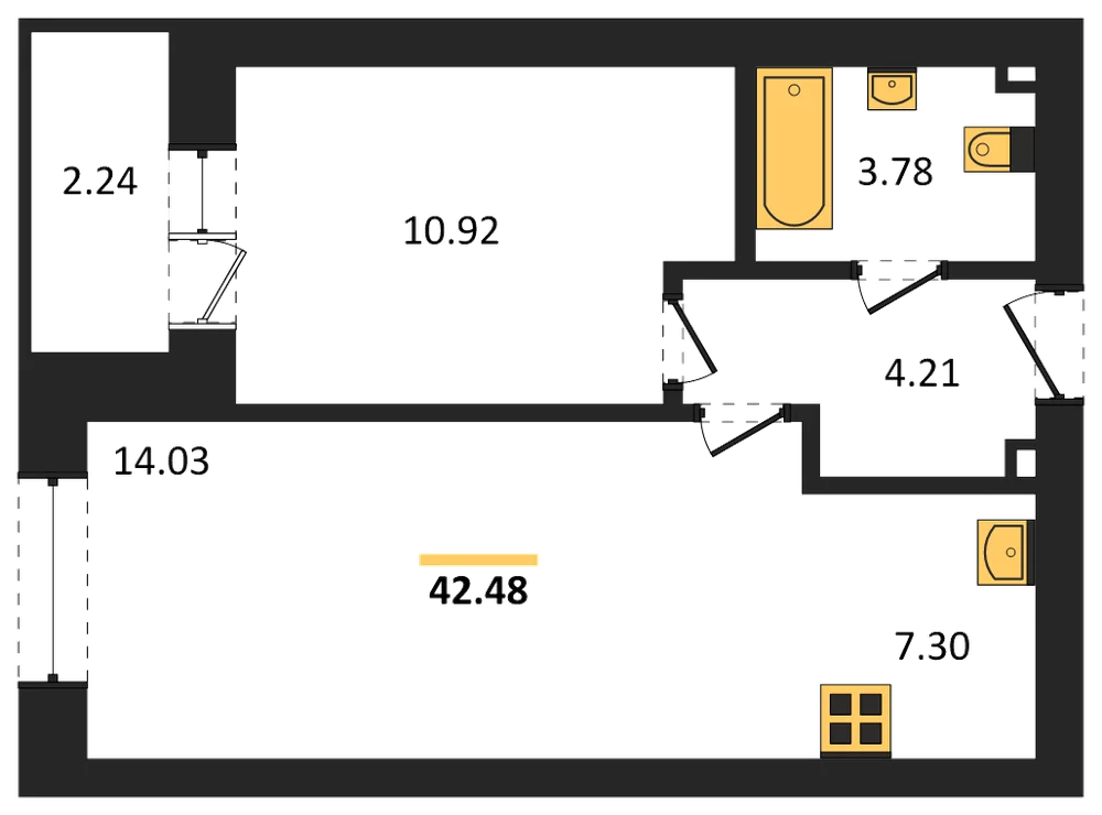 Планировка: 1-комн., 42,5 м²