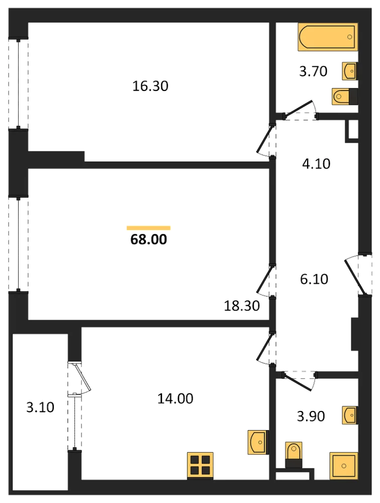 Планировка: 2-комн., 68 м²