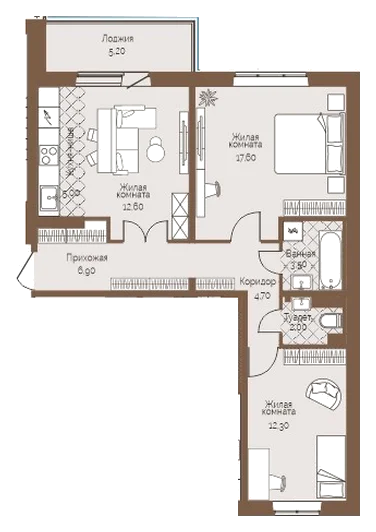 Планировка: 2-комн., 67,2 м²