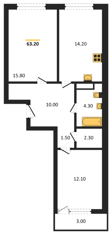 Планировка: 2-комн., 63,2 м²