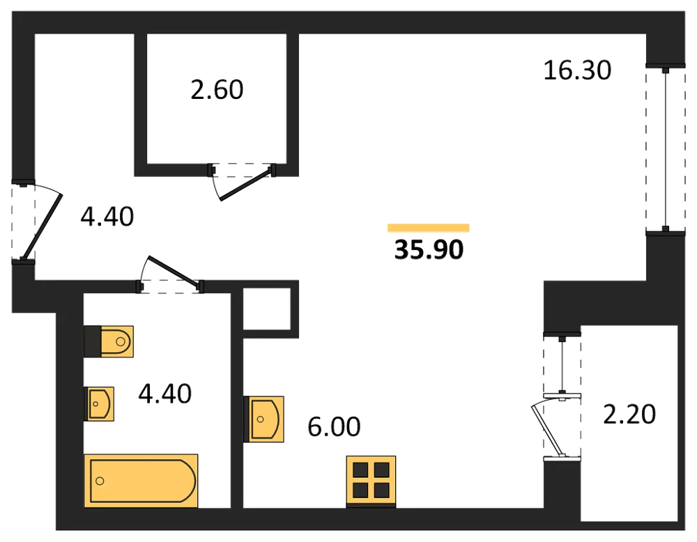 Планировка: Студия, 35,9 м²