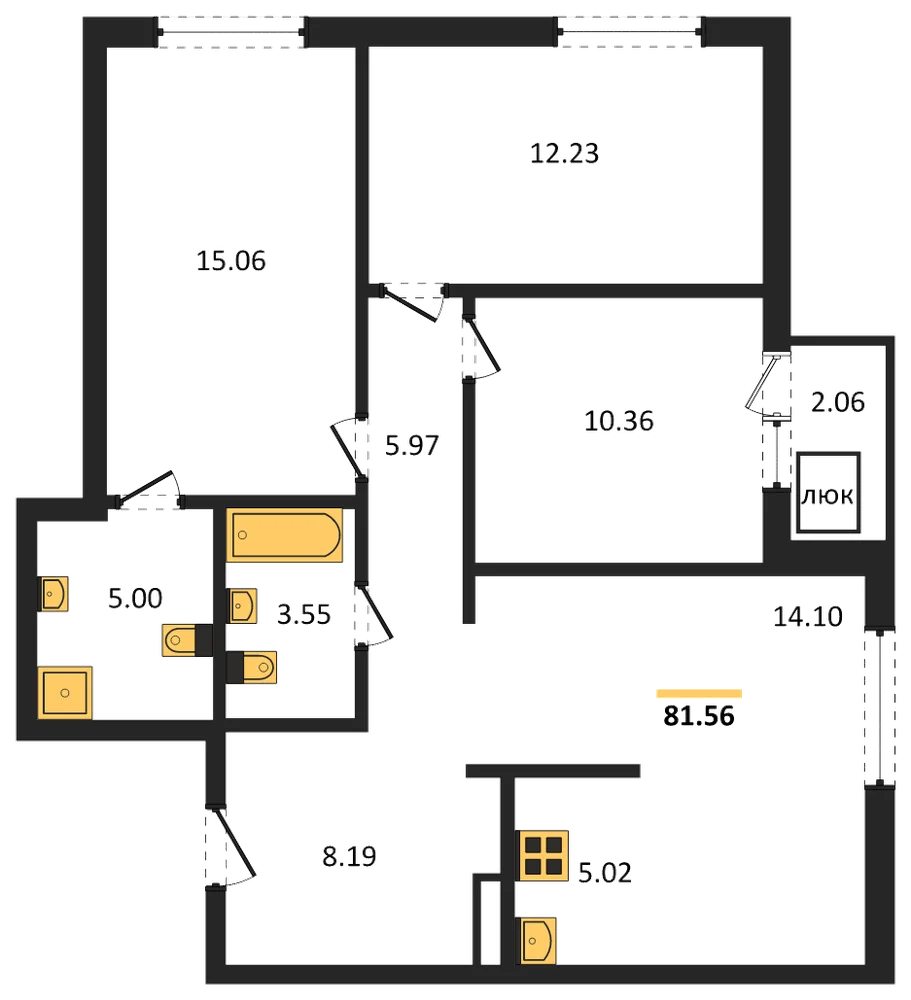 Планировка: 3-комн., 81,6 м²