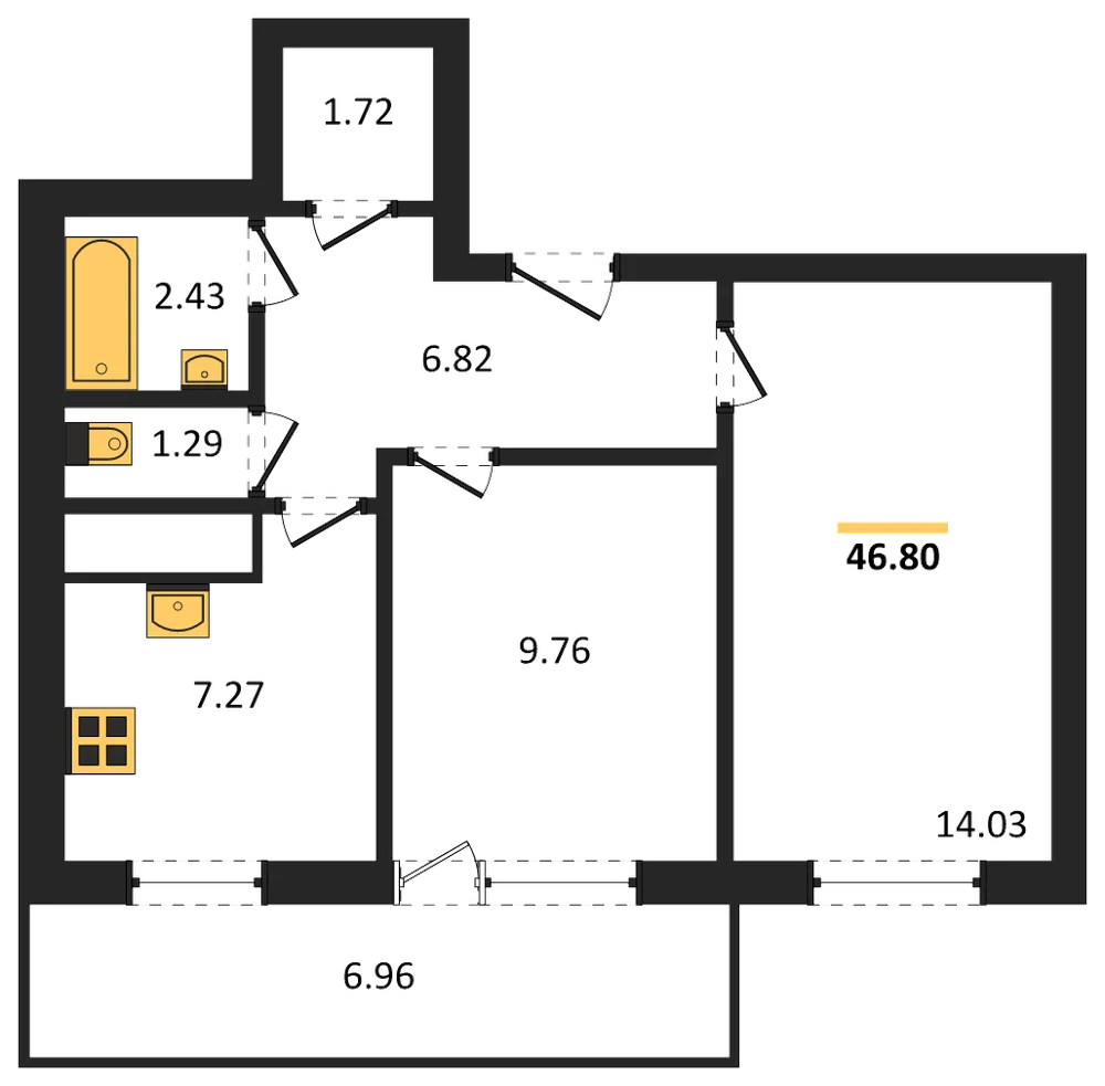Планировка: 2-комн., 46,8 м²