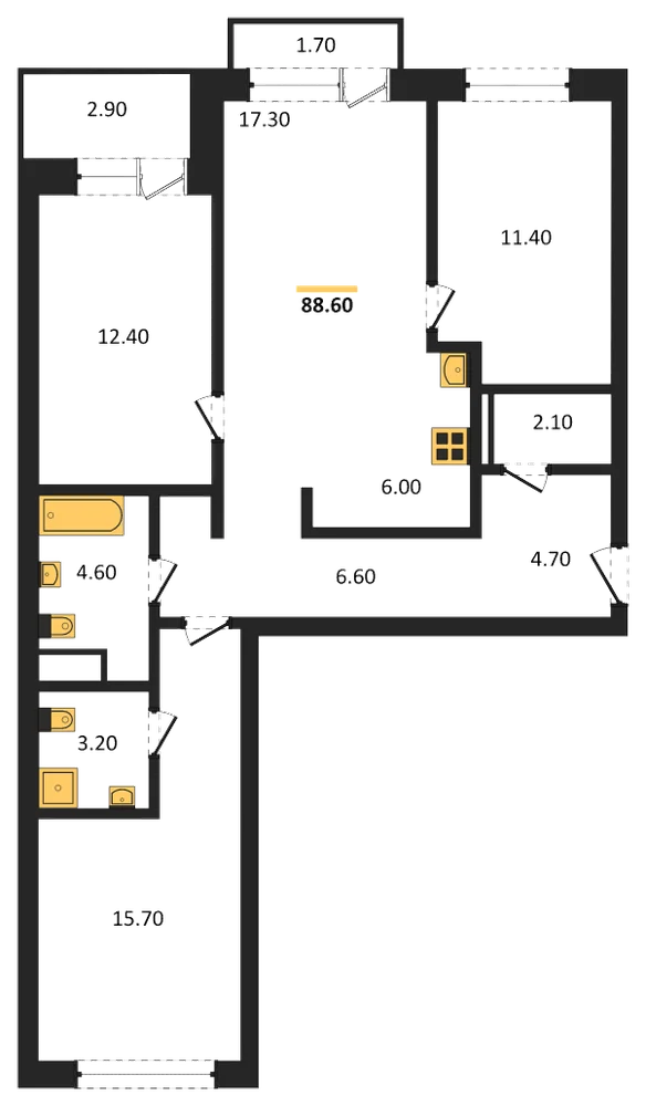 Планировка: 3-комн., 88,6 м²