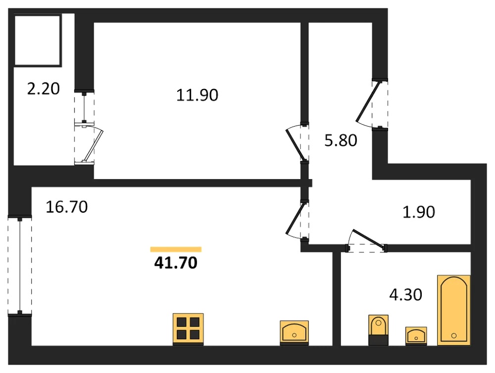 Планировка: 1-комн., 41,7 м²