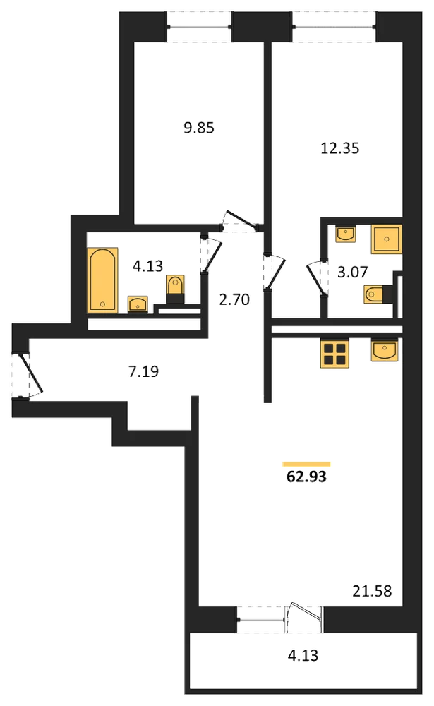 Планировка: 2-комн., 62,9 м²