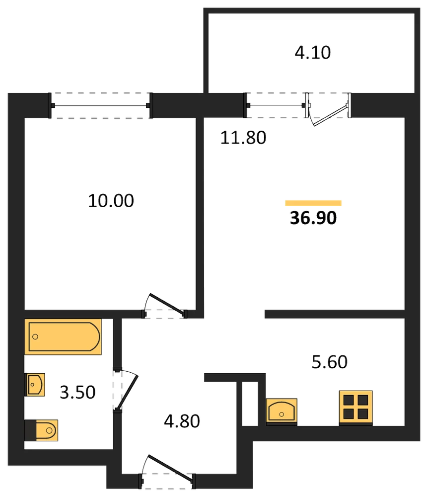 Планировка: 1-комн., 36,9 м²