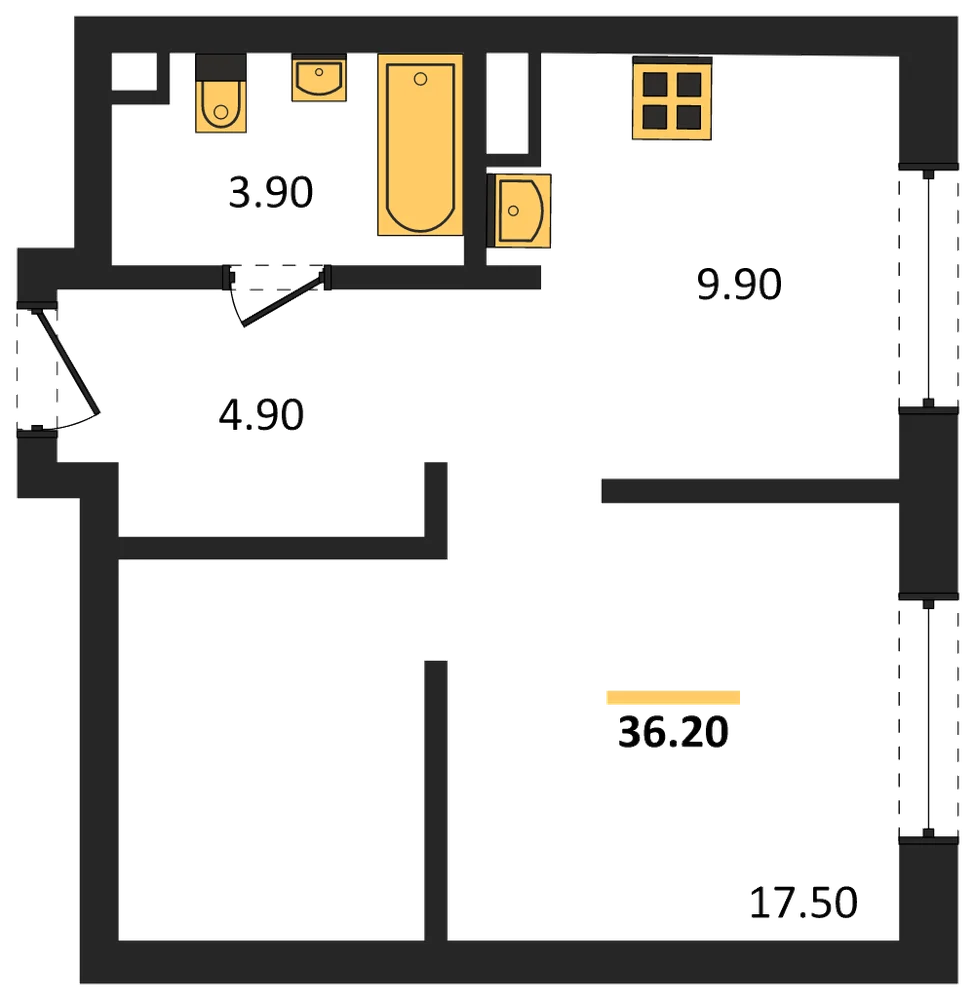 Планировка: 1-комн., 36,2 м²