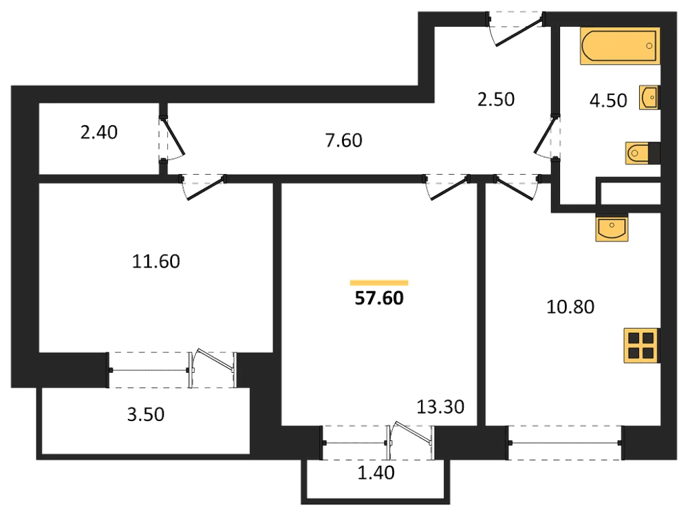 Планировка: 2-комн., 57,6 м²
