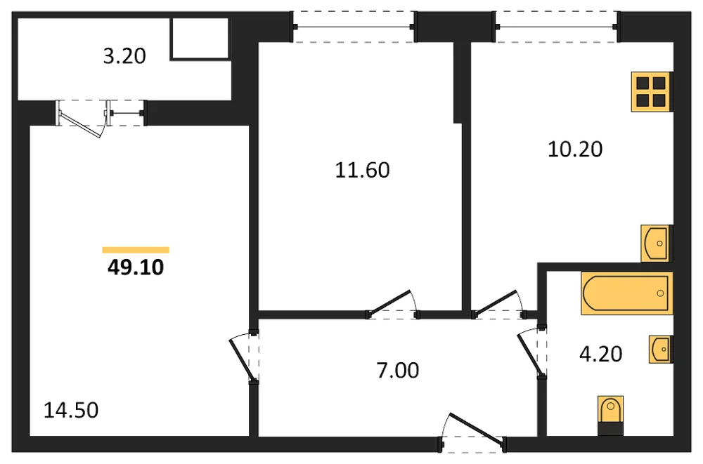 Планировка: 2-комн., 49,1 м²