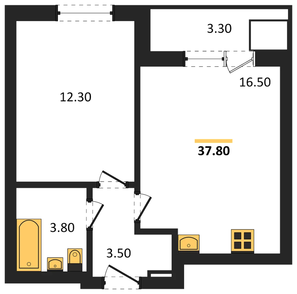 Планировка: 1-комн., 37,8 м²