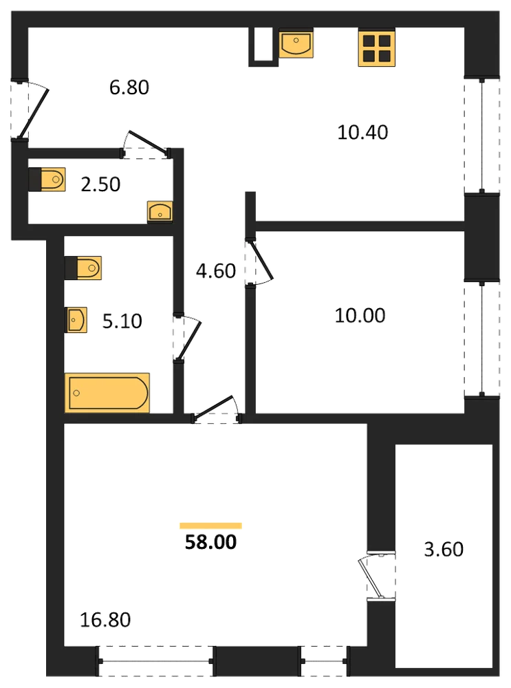 Планировка: 2-комн., 58 м²