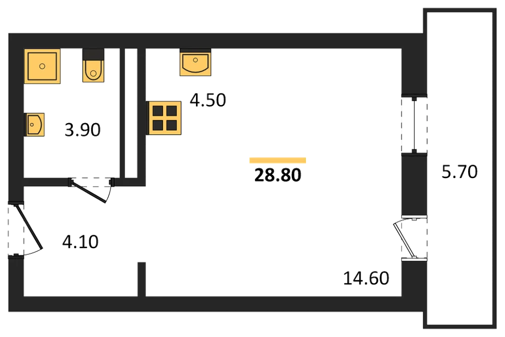 Планировка: Студия, 28,8 м²
