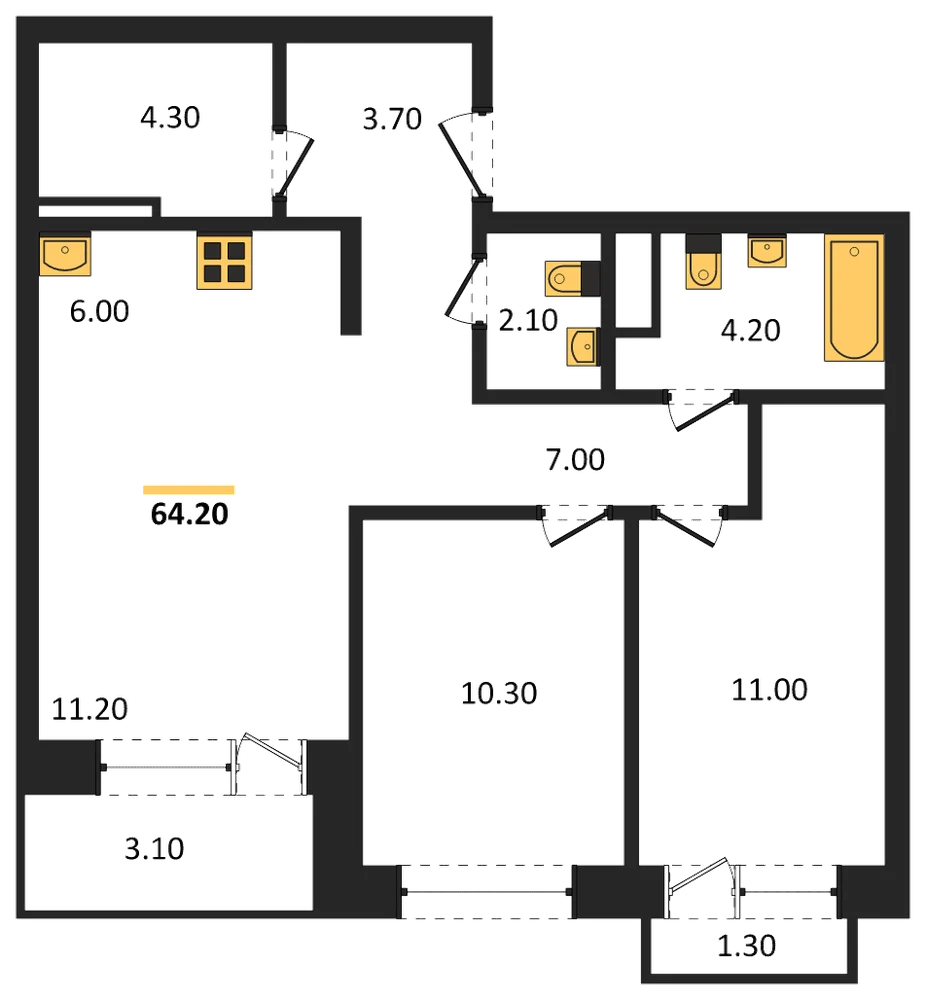 Планировка: 2-комн., 64,2 м²