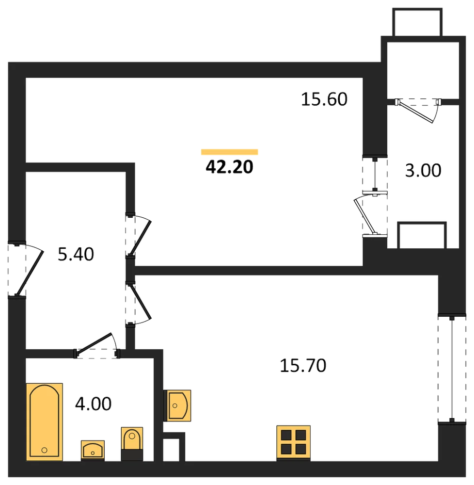 Планировка: 1-комн., 42,2 м²
