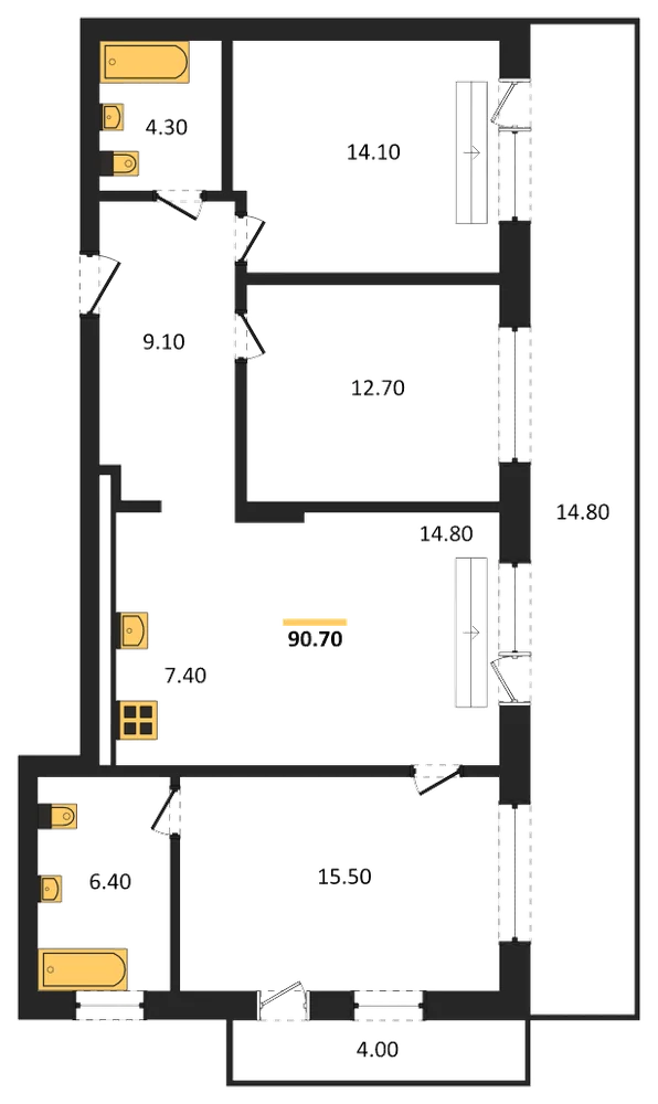 Планировка: 3-комн., 90,7 м²