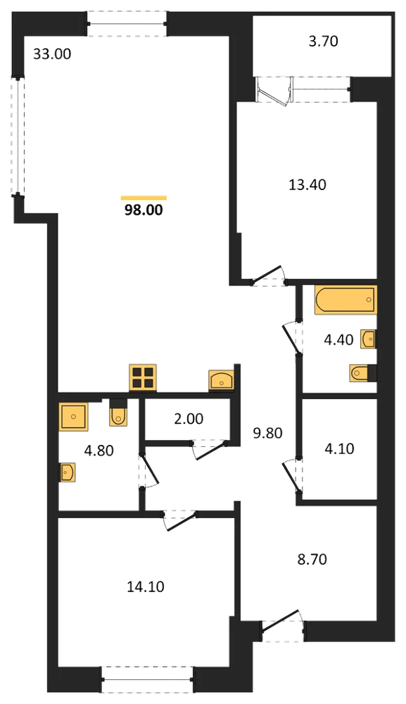 Планировка: 2-комн., 98 м²