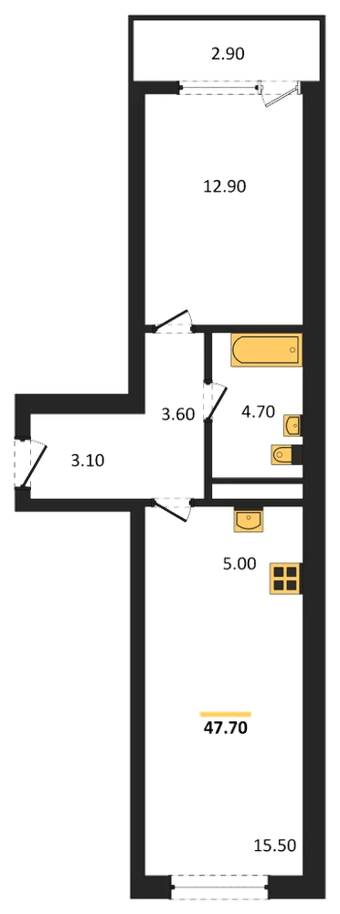 Планировка: 1-комн., 47,7 м²