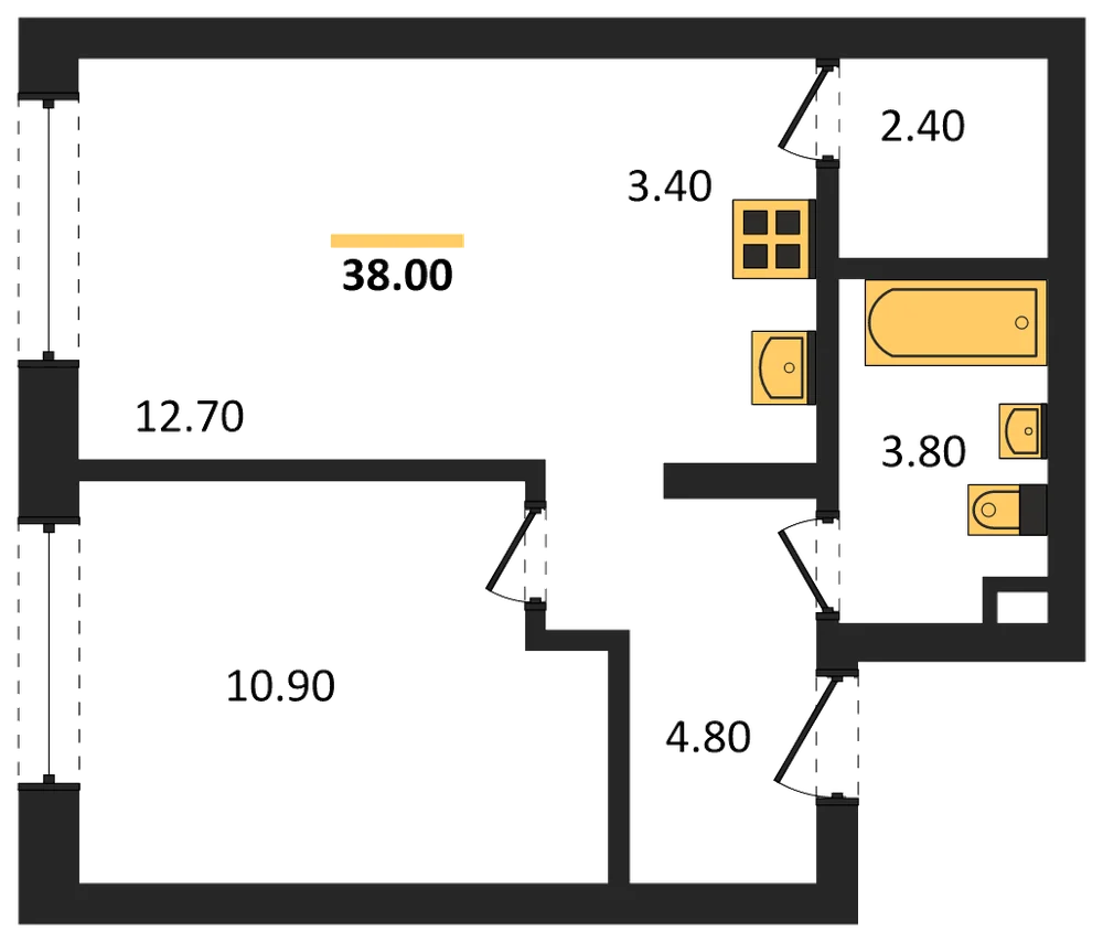 Планировка: 1-комн., 38 м²