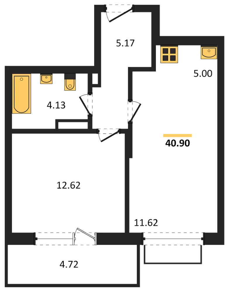 Планировка: 1-комн., 40,9 м²