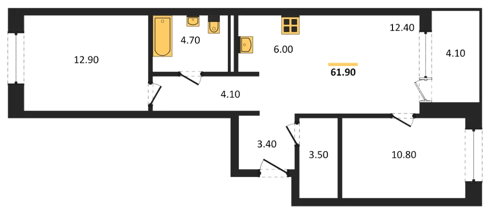 Планировка: 2-комн., 61,9 м²