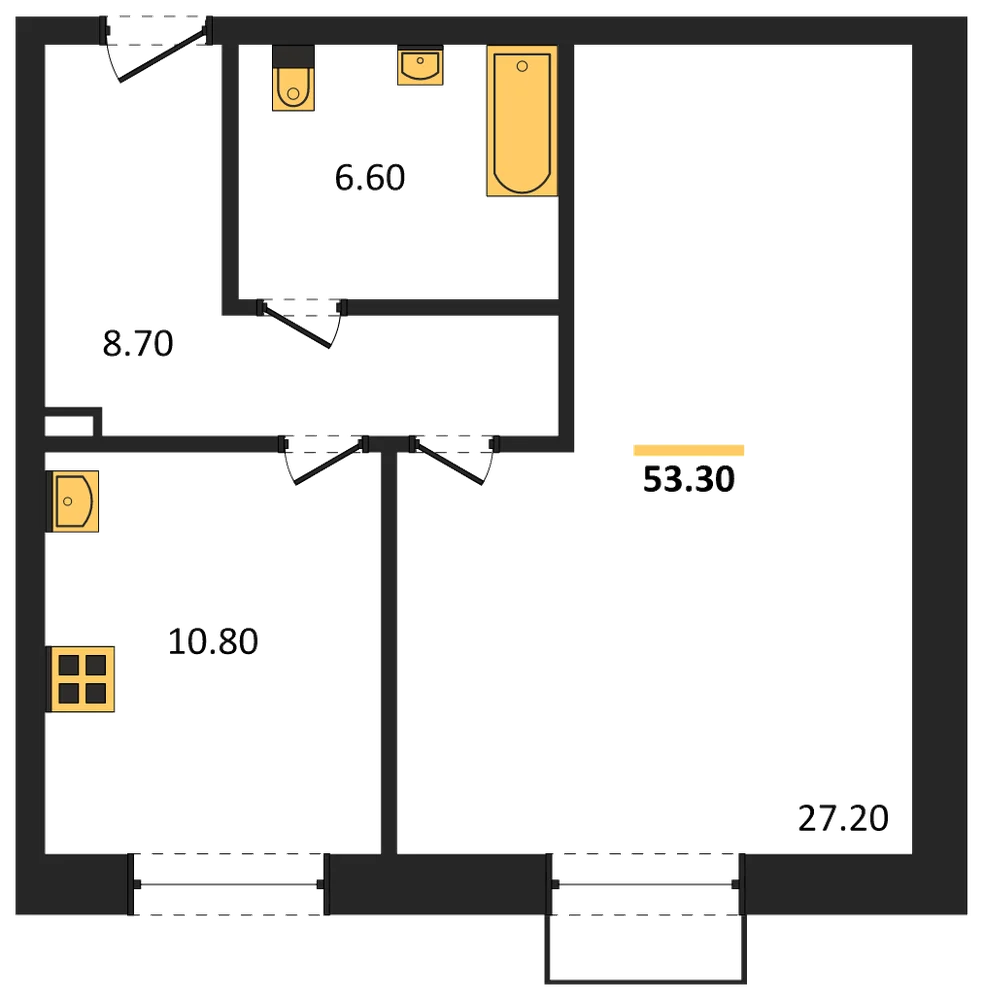 Планировка: 1-комн., 53,3 м²