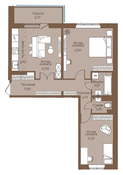 Планировка: 2-комн., 67,2 м²