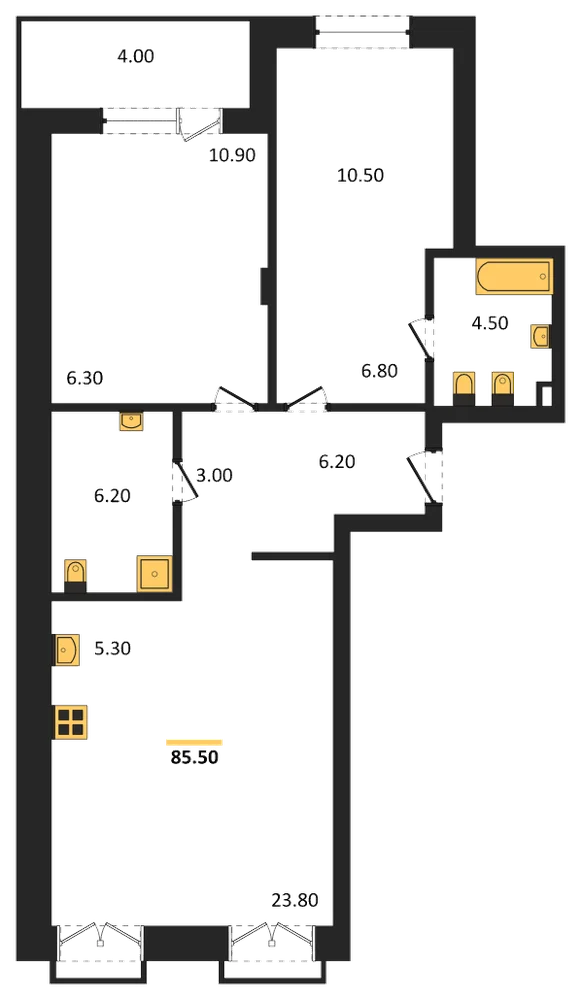 Планировка: 3-комн., 87 м²