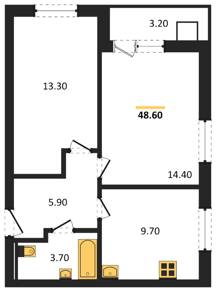 Планировка: 2-комн., 48,6 м²