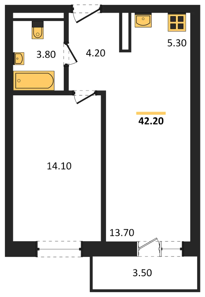 Планировка: 1-комн., 42,2 м²