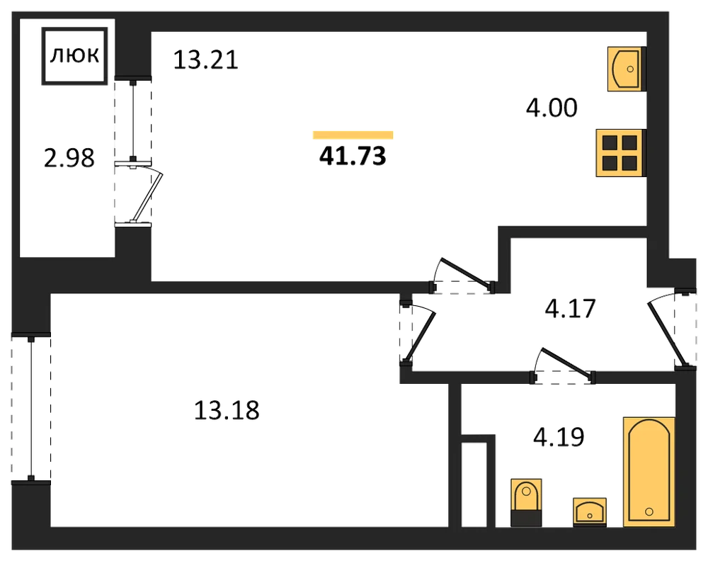 Планировка: 1-комн., 41,7 м²