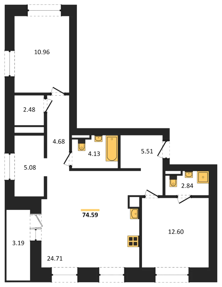 Планировка: 2-комн., 74,6 м²