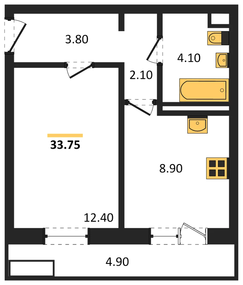 Планировка: 1-комн., 33,8 м²