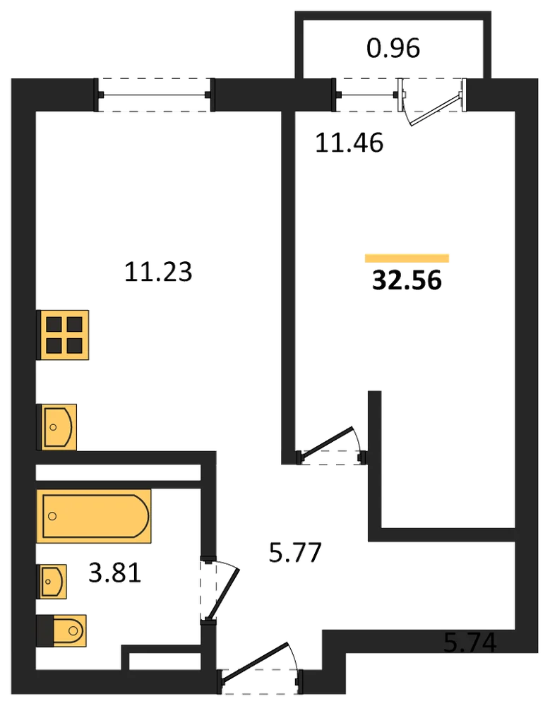 Планировка: 1-комн., 32,6 м²