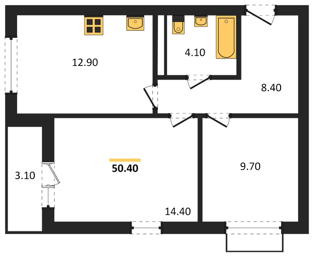 Планировка: 2-комн., 50,4 м²