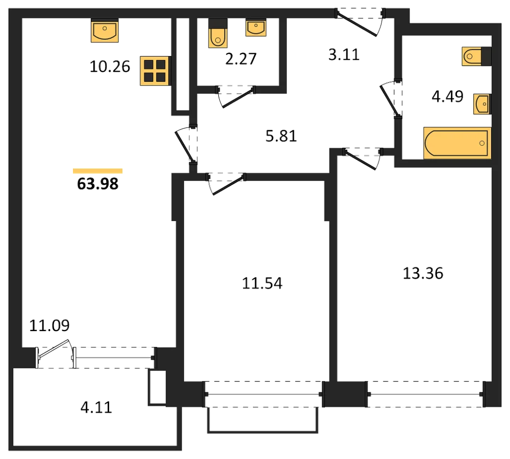 Планировка: 2-комн., 64 м²